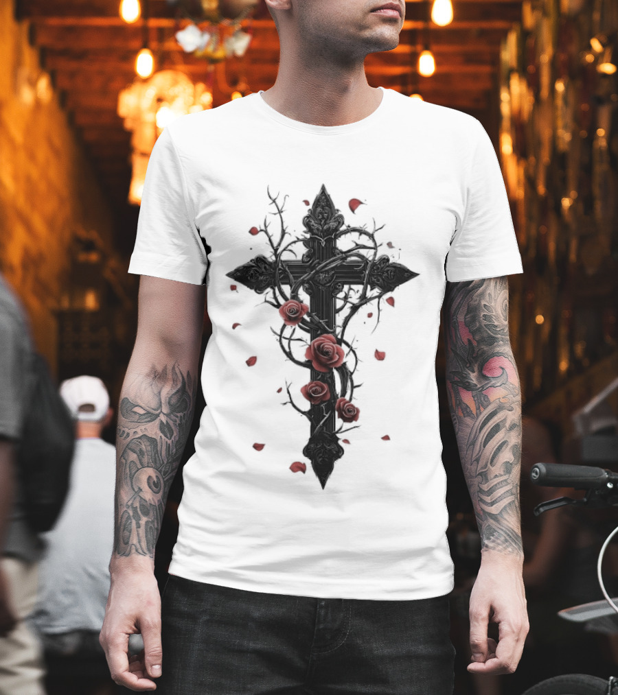 Gothic Cross Red Roses Thorns Religious Symbol Roses T-Shirt