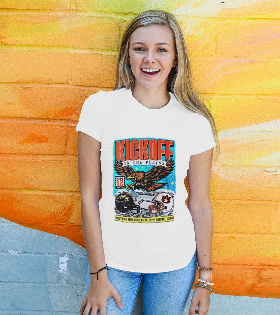 Kickoff In The Plains Southern Miss Golden Eagles Vs Auburn Tigers Sept 12 2026 Football Matchup T-Shirt