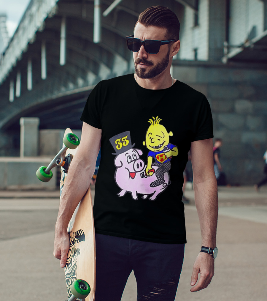 33 Cartoon Boy Yellow Hair Riding Pink Pig Black Top Hat H Hero T-Shirt