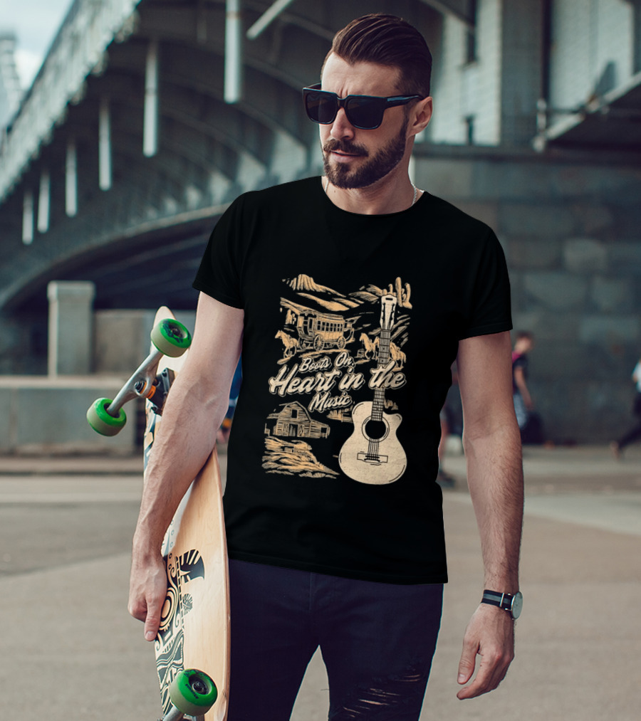 Boots On Heart In The Music Acoustic Guitar Cowboy Stagecoach Barn Scene T-Shirt