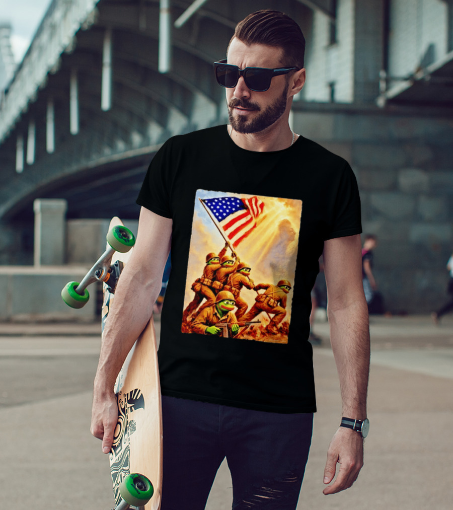 Pepe The Frog American Flag Soldiers Together We Win WWII Iwo Jima Memorial T-Shirt