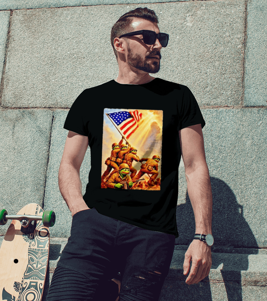 Pepe The Frog American Flag Soldiers Together We Win WWII Iwo Jima Memorial T-Shirt