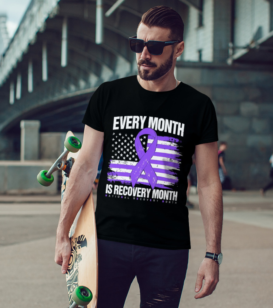Every Month Is Recovery Month Purple Ribbon American Flag National Recovery Month T-Shirt