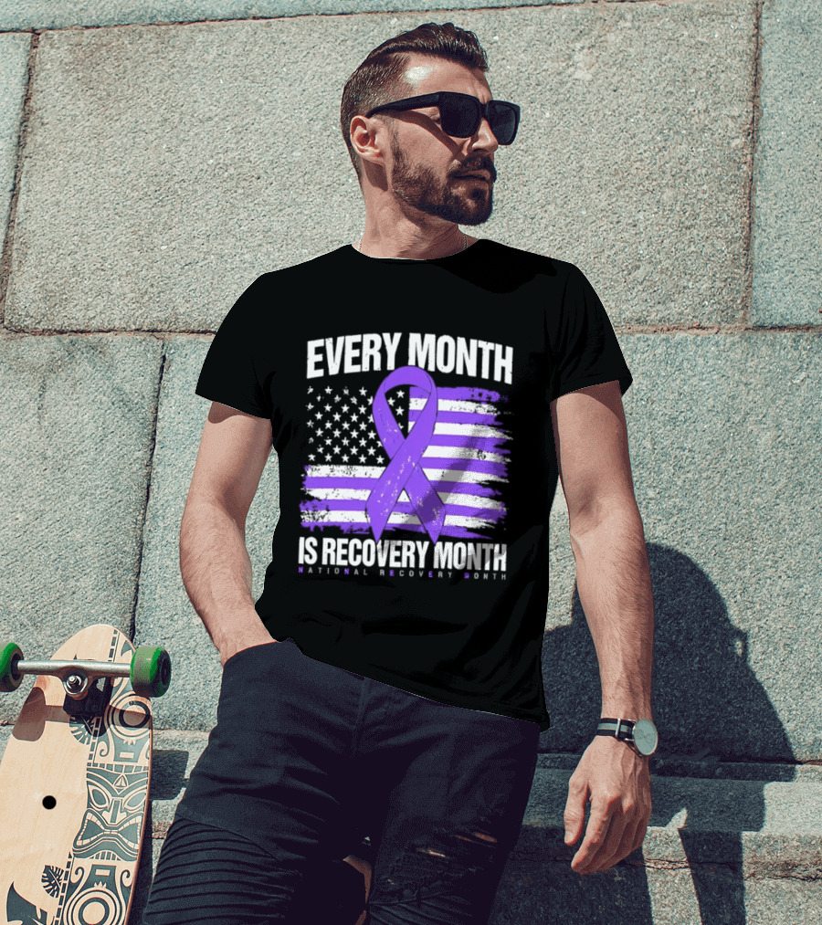 Every Month Is Recovery Month Purple Ribbon American Flag National Recovery Month T-Shirt