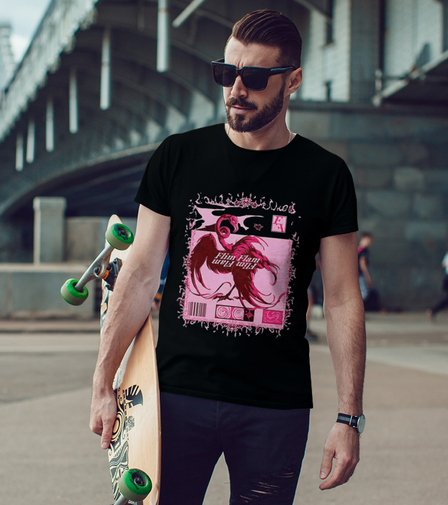 Flim Flam Flamingo Barcode Pink Swirl Border T-Shirt