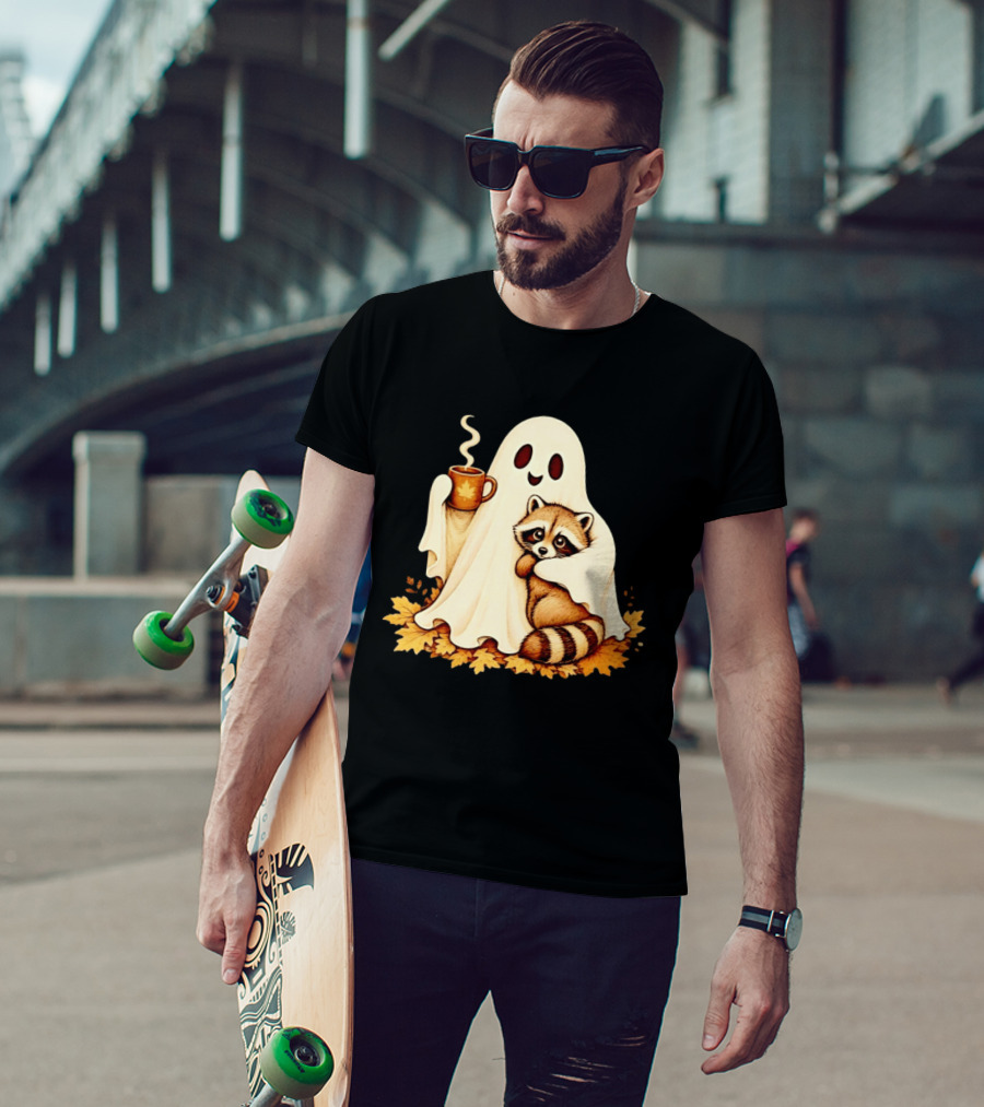 Ghost Hugging Raccoon With Coffee And Autumn Leaves T-Shirt