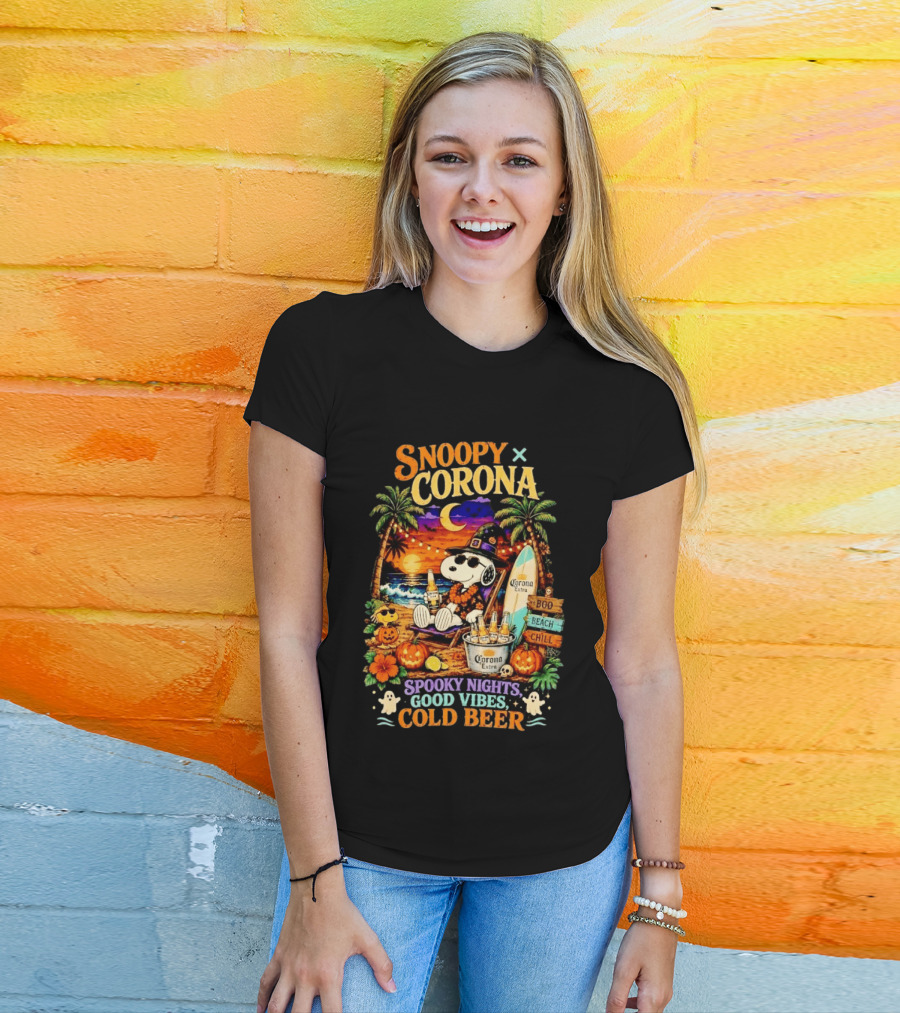 Snoopy X Corona Boo Beach Chill Spooky Nights Good Vibes Cold Beer T-Shirt