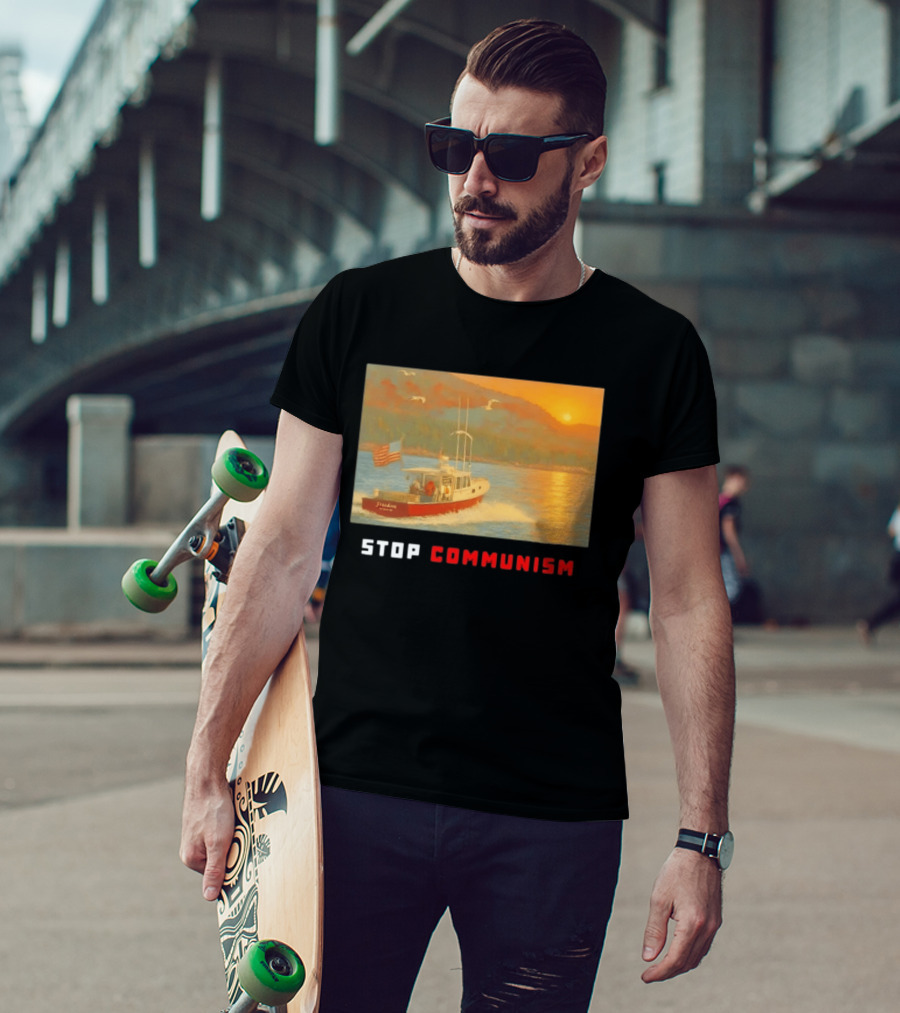 Stop Communism Freedom Boat American Flag Sunset Landscape T-Shirt