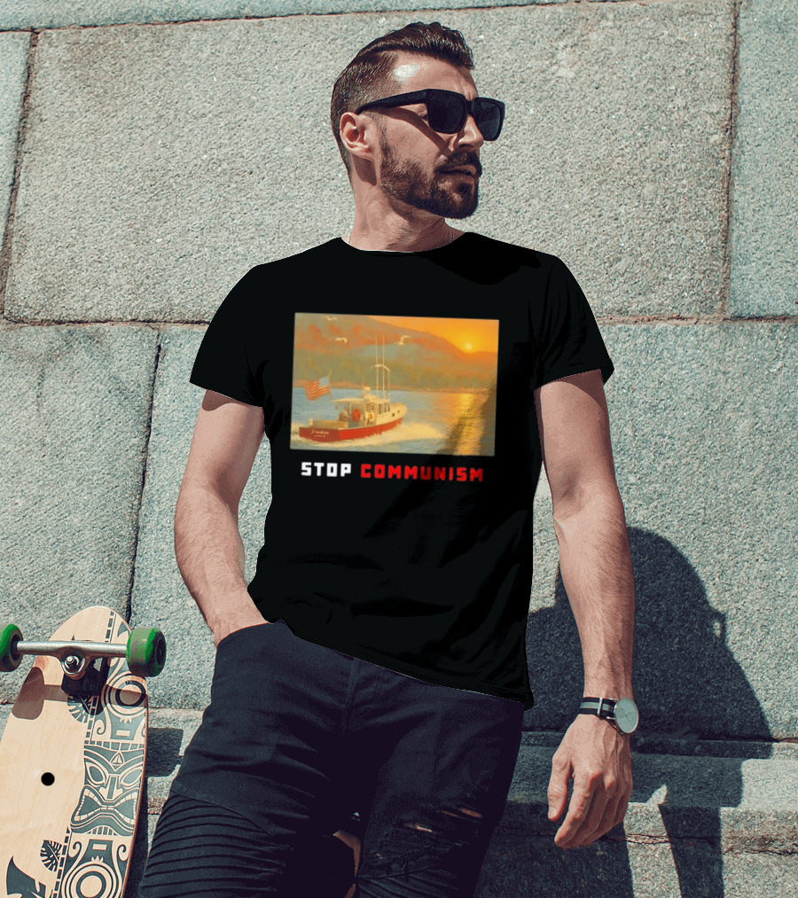 Stop Communism Freedom Boat American Flag Sunset Landscape T-Shirt