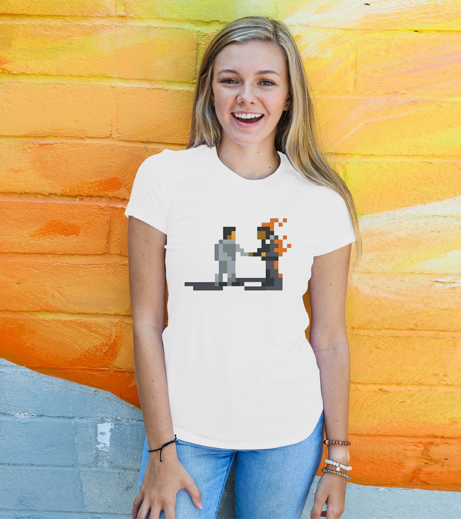 Pink Floyd Wish You Were Here Pixelated Two Men Shaking Hands Flames T-Shirt