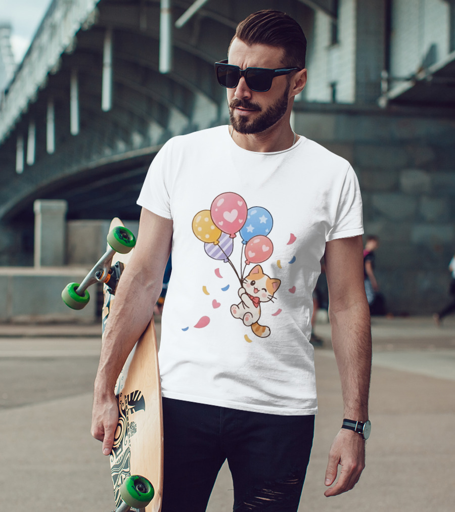 Cat Floating With Colorful Balloons T-Shirt