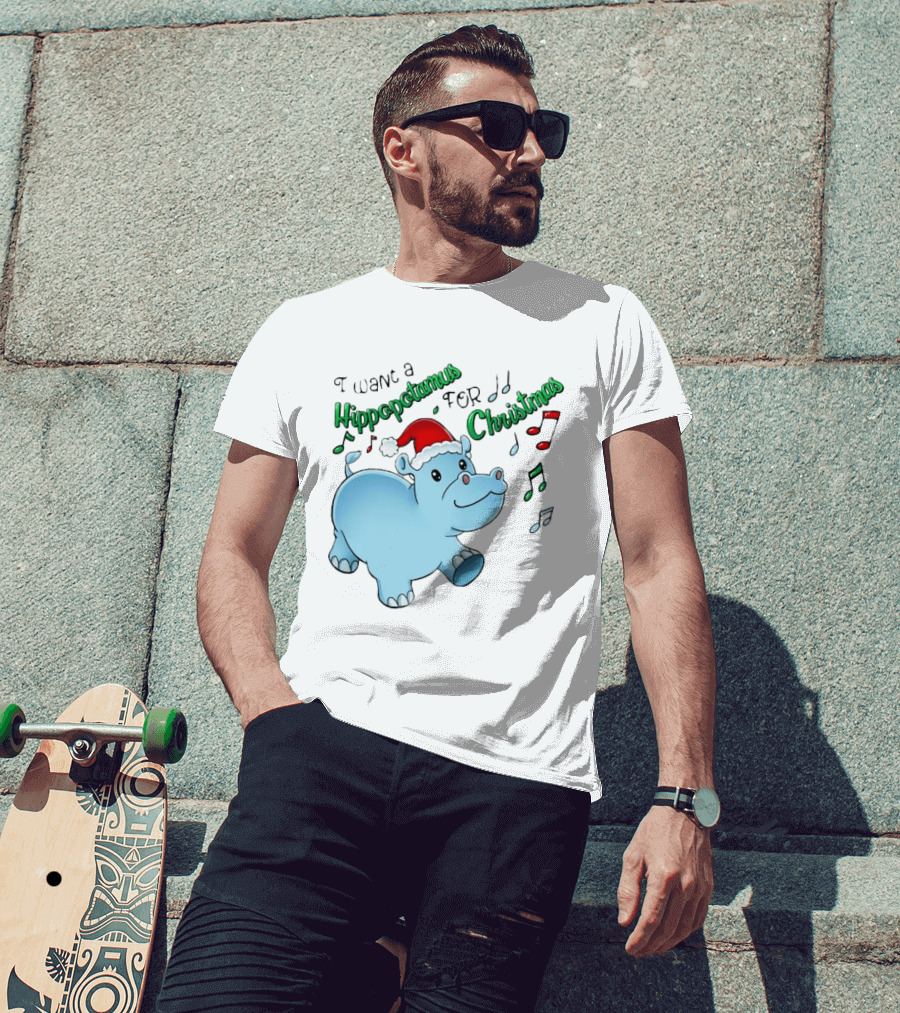 Inktastic I Want A Hippopotamus For Christmas Hippo In Santa Hat T-Shirt