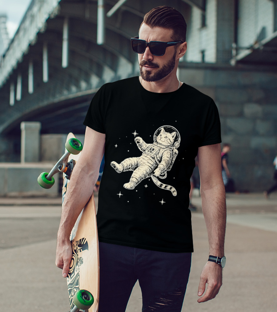 Astronaut Cat Floating In Space With Stars And Helmet T-Shirt