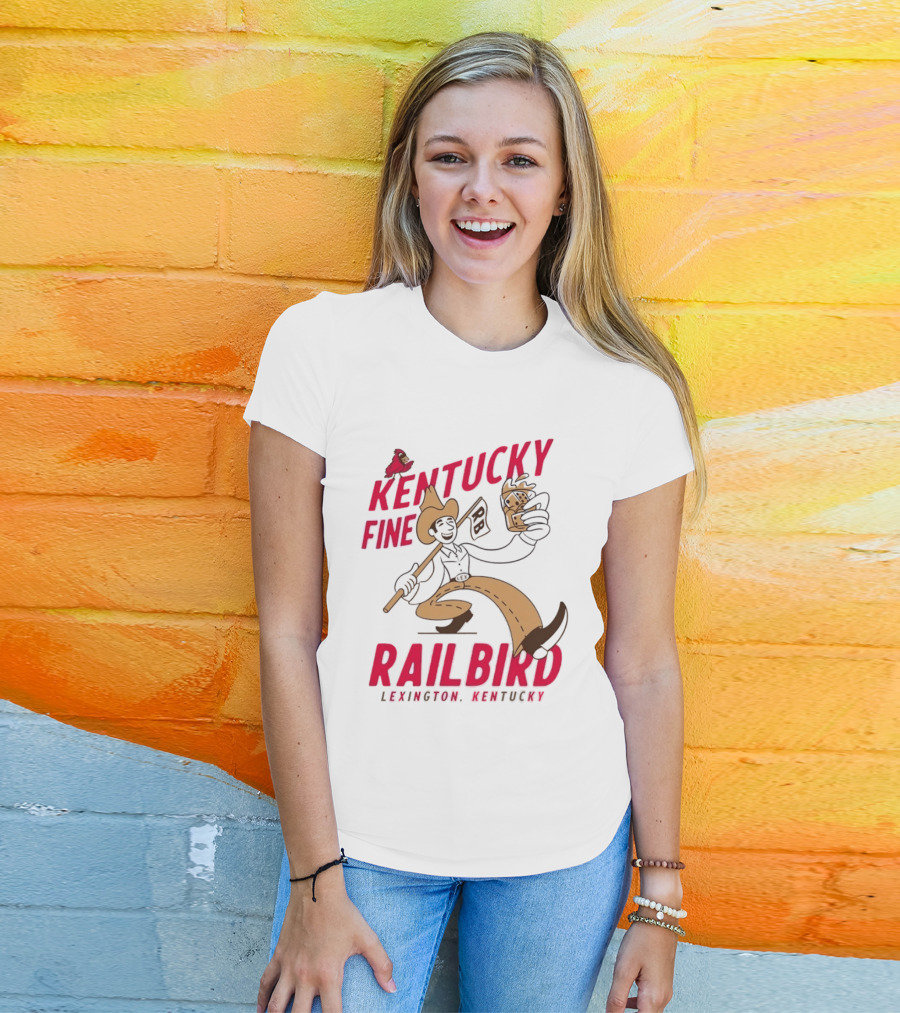 Kentucky Fine Railbird Lexington Kentucky Cowboy With Trophy And Cardinal T-Shirt