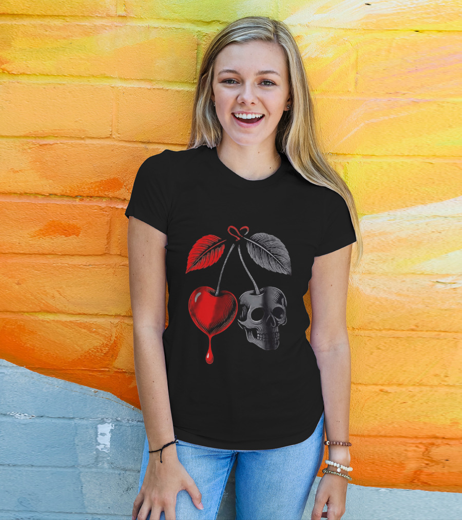 Bleeding Cherry Skull Memento Mori Gothic Macabre Dark Fruit T-Shirt