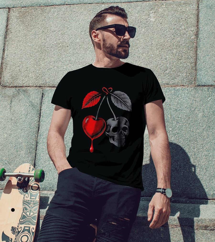 Bleeding Cherry Skull Memento Mori Gothic Macabre Dark Fruit T-Shirt