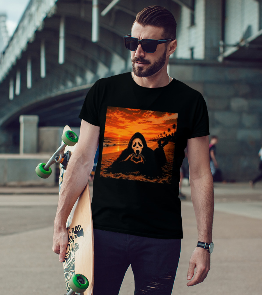 Ghostface Heart Hands Beach Sunset Halloween 2026 T-Shirt