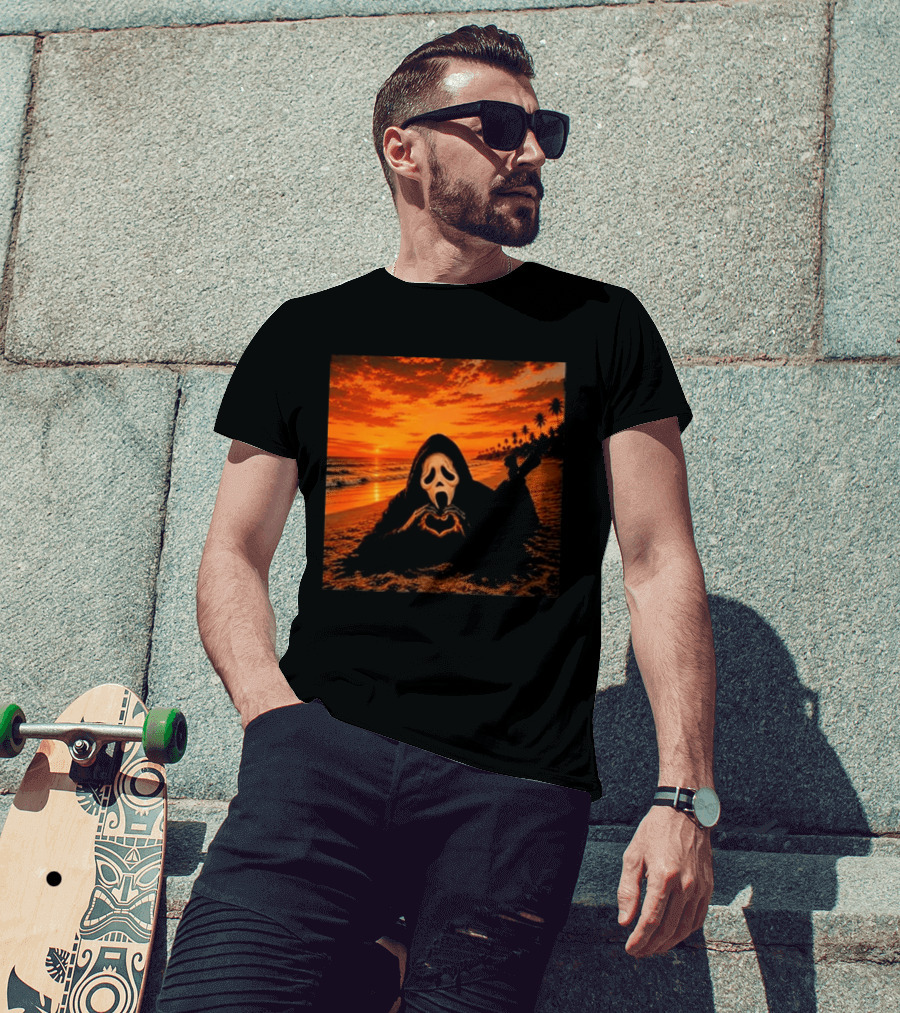 Ghostface Heart Hands Beach Sunset Halloween 2026 T-Shirt