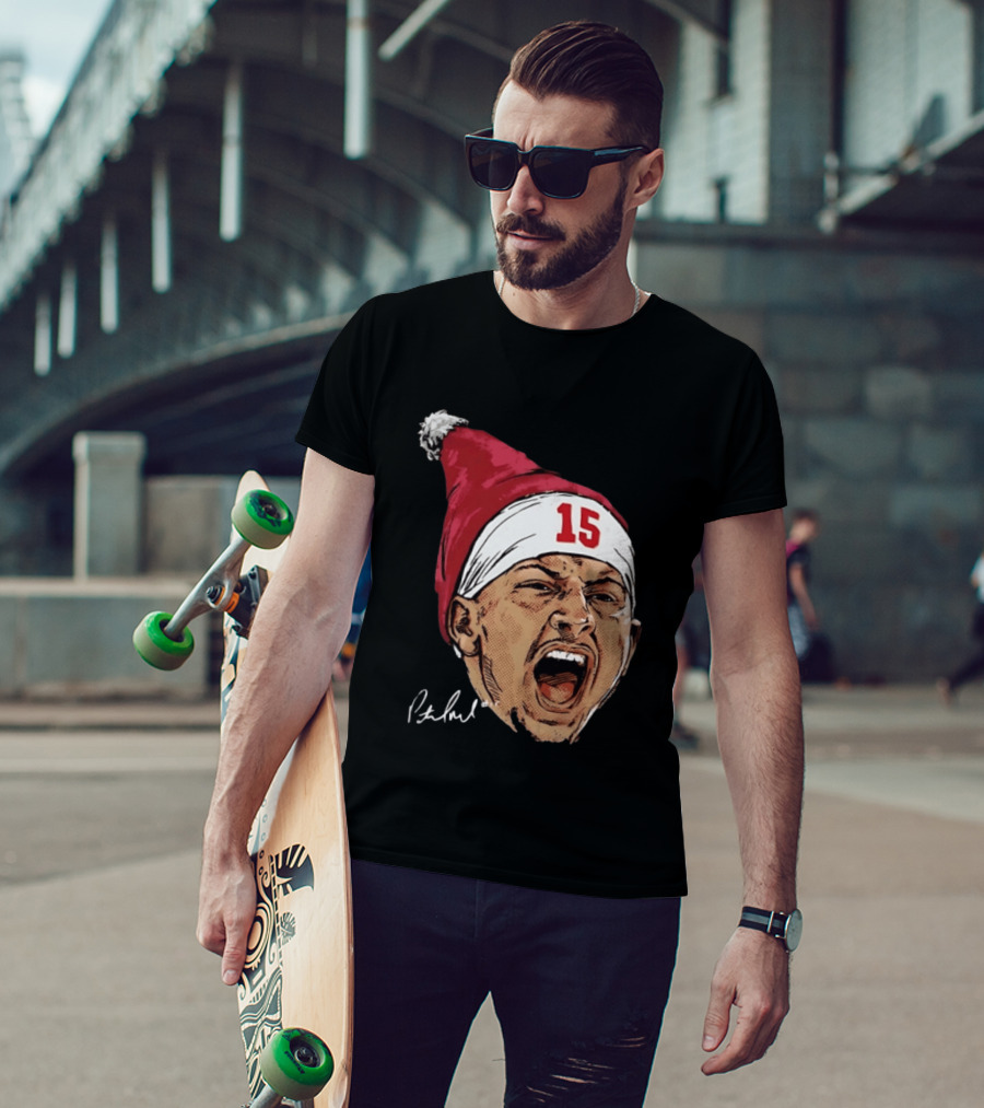 Pat Mahomes Screaming Face Red Santa Hat Number 15 Halftone Caricature T-Shirt