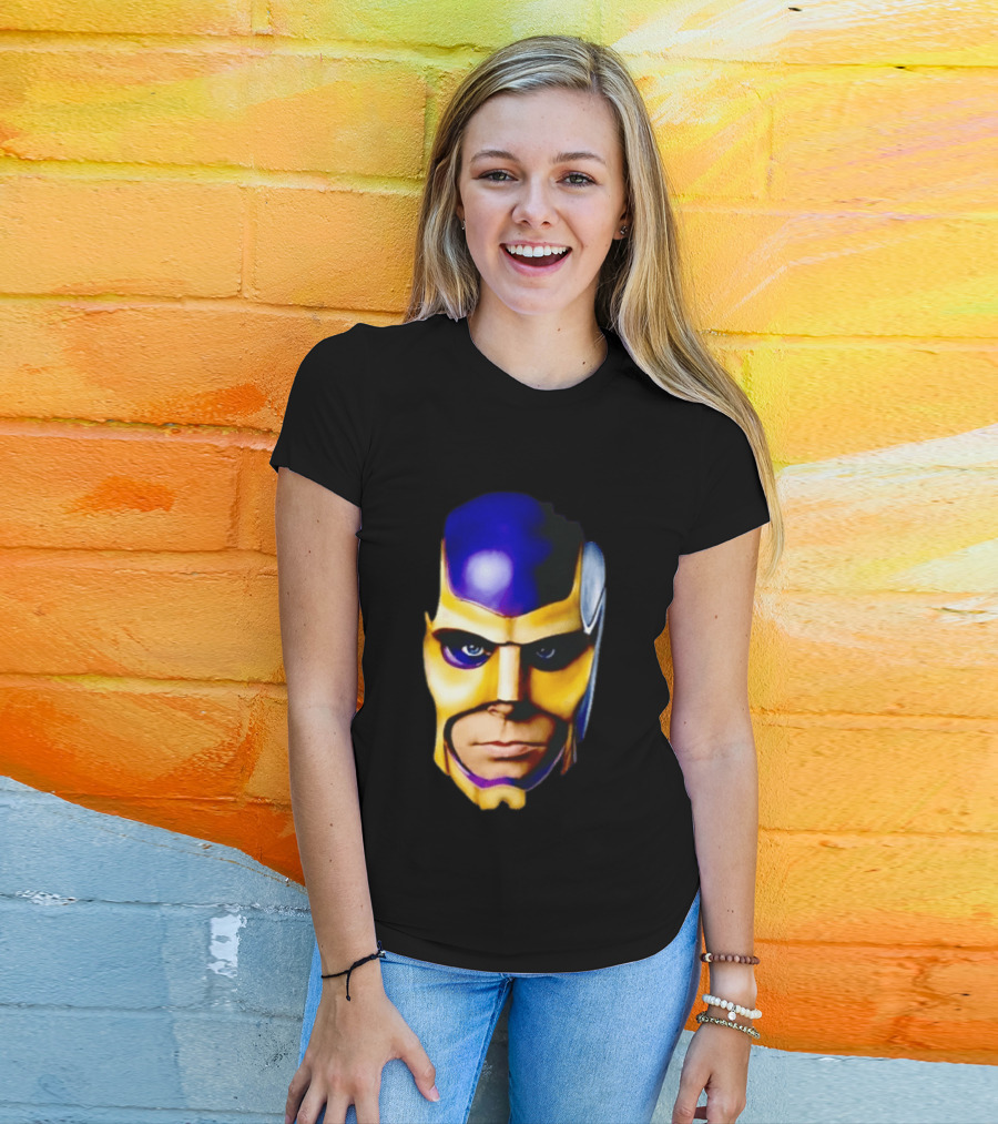 Realistic Painted Purple Gold Superhero Mask Face Close Up T-Shirt