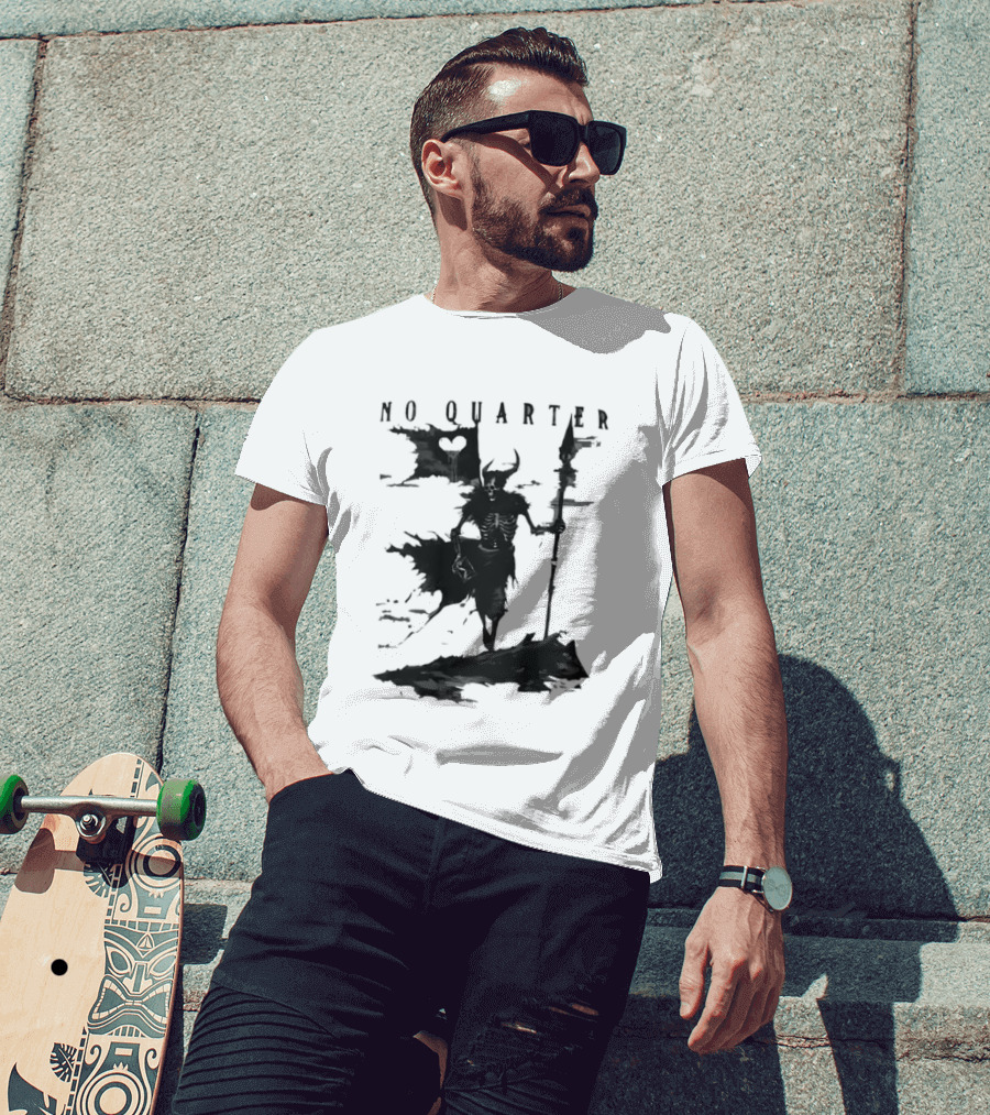 No Quarter Distressed Skeleton Warrior Dark Fantasy T-Shirt