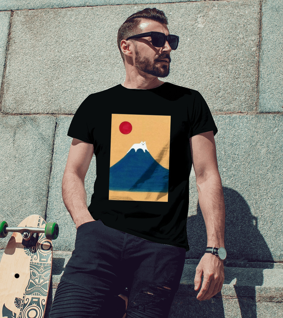 Meow Fuji Cat With Red Sun Illustration Japan T-Shirt