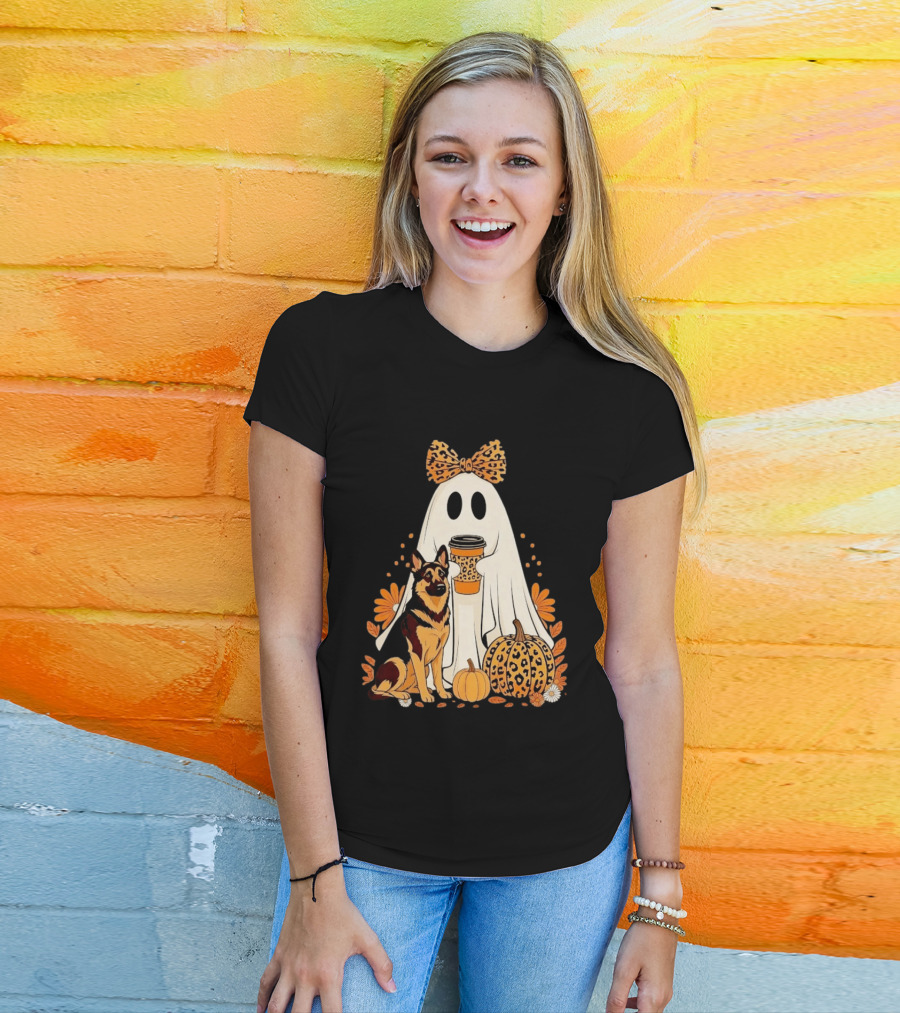 German Shepherd Ghost Leopard Pumpkin Coffee Halloween Bow T-Shirt