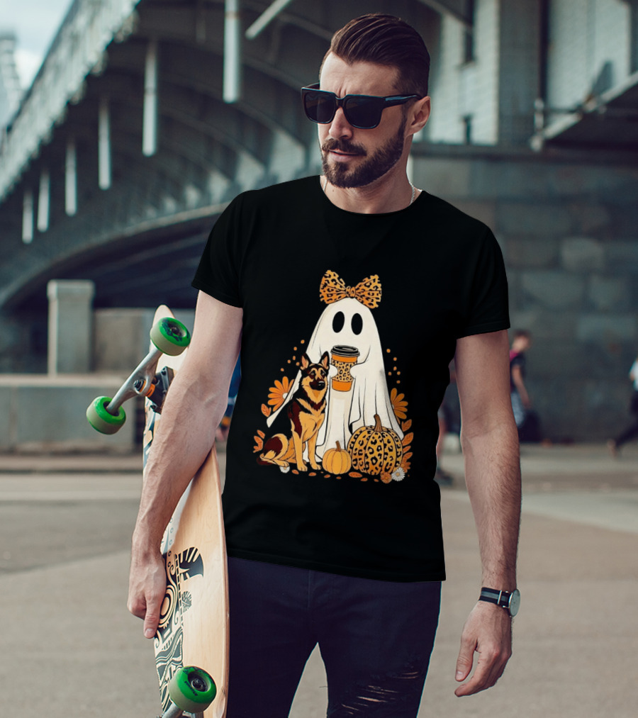 German Shepherd Ghost Leopard Pumpkin Coffee Halloween Bow T-Shirt