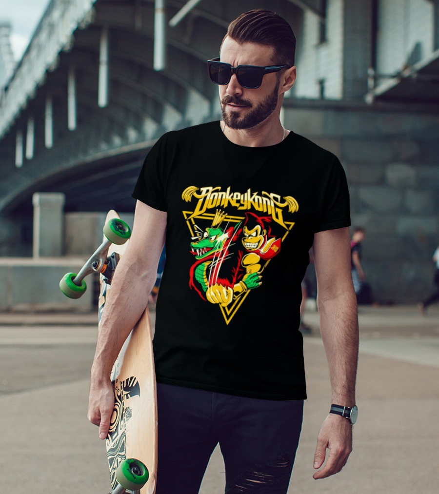 Donkey Kong Cartoon Retro Style Triangular Battle Scene T-Shirt