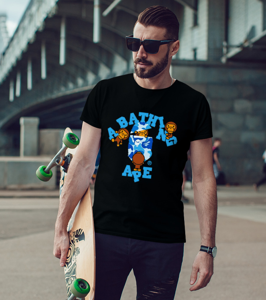 A Bathing Ape ABC Camo College Milo Blue BAPE Monkeys T-Shirt