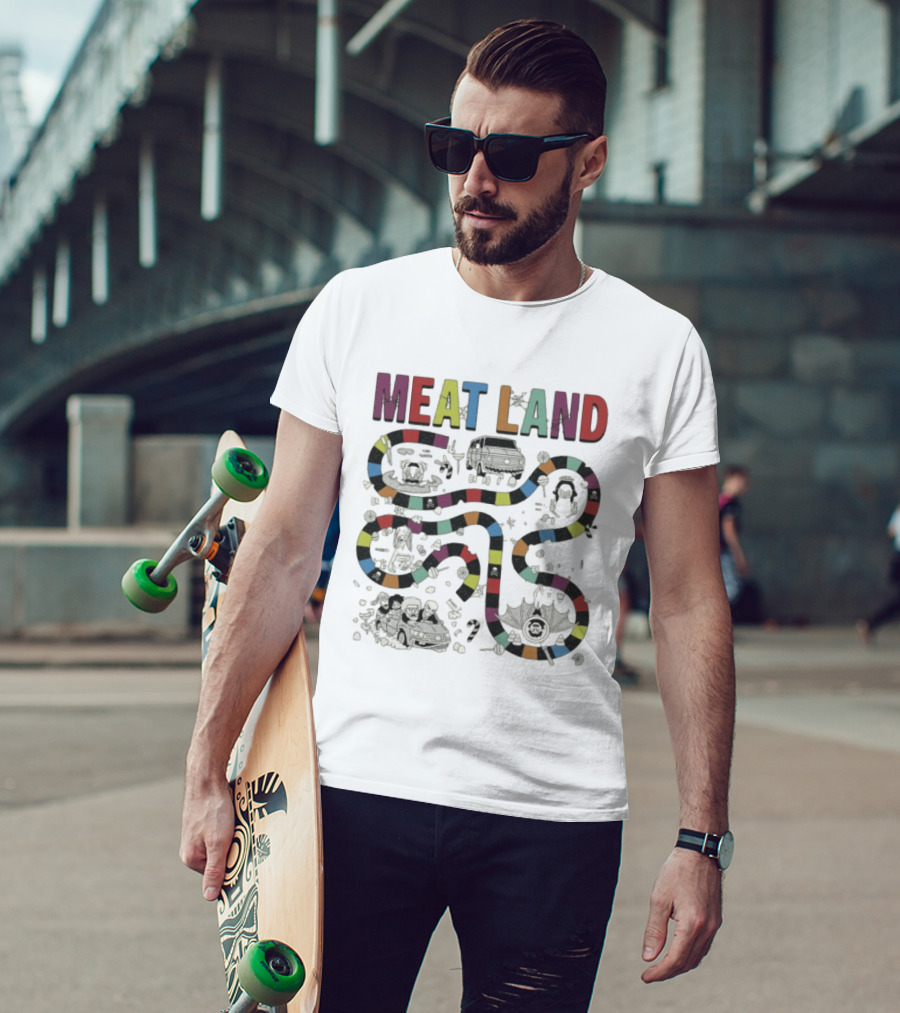 Meatcanyon Store Meat Land Off White Board Game Path Characters T-Shirt
