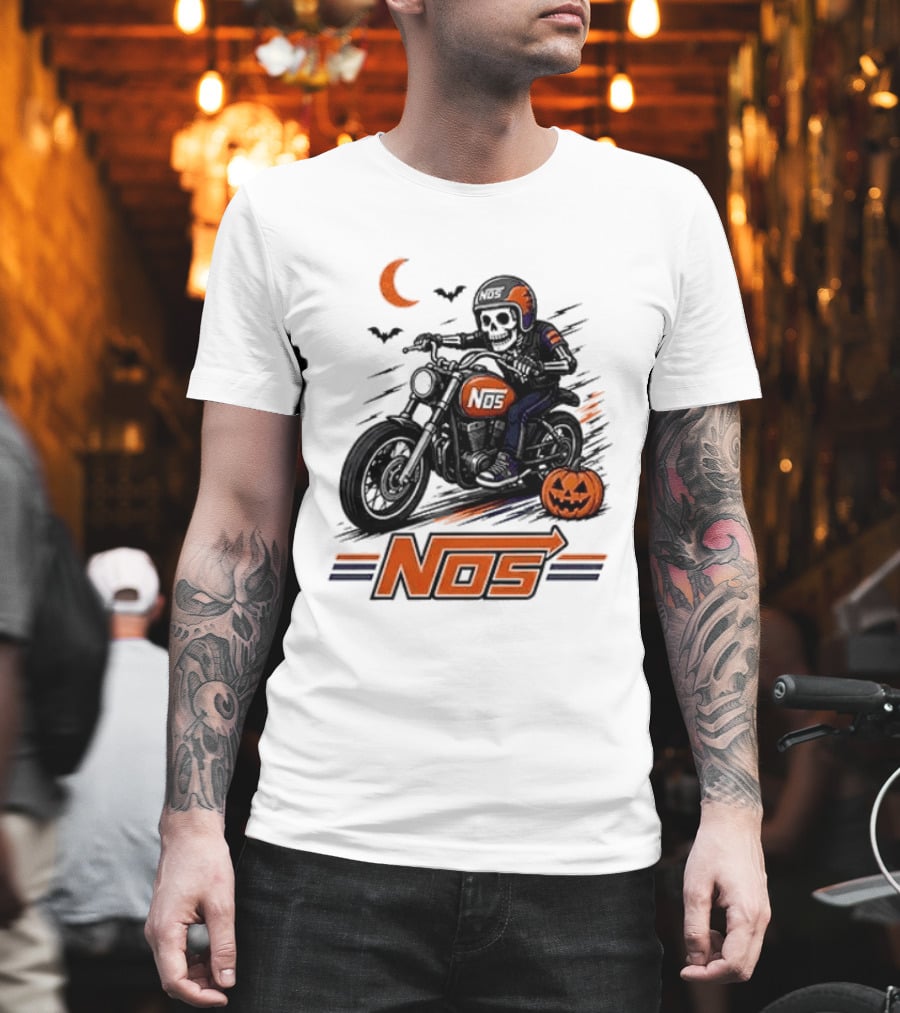 NOS Skeleton Biker Halloween Pumpkin Moon Bats T-Shirt