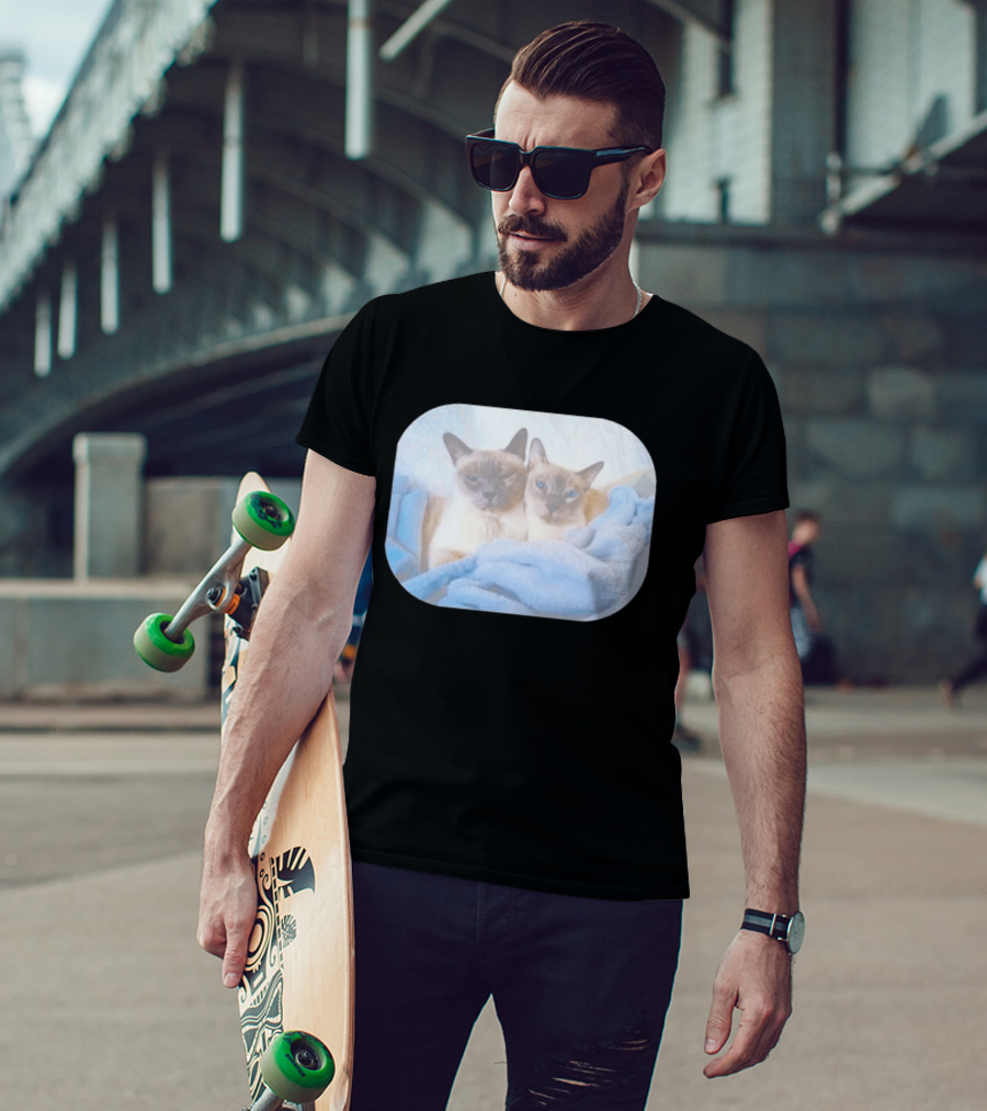 Siamese Cats Snuggling In Blue Blanket T-Shirt