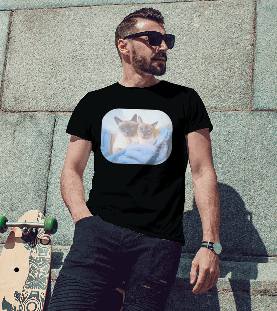 Siamese Cats Snuggling In Blue Blanket T-Shirt