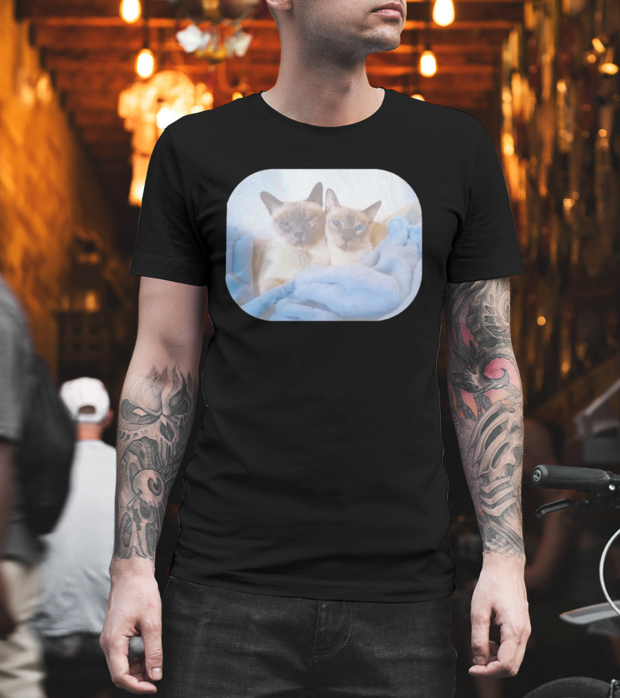 Siamese Cats Snuggling In Blue Blanket T-Shirt