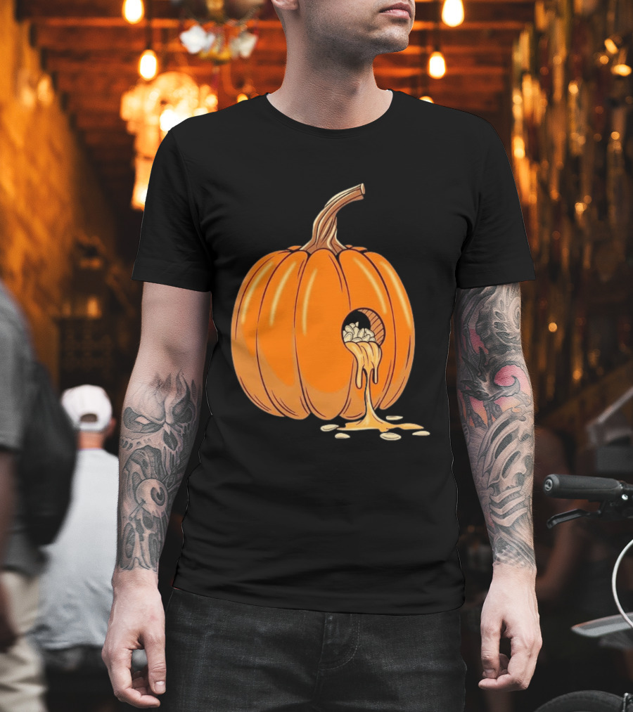 Gourdy Hole Halloween Pumpkin With Seeds Streaming Out T-Shirt