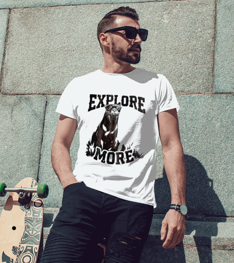 Explore More River Otter Tall Grass Distressed Woodcut Black White T-Shirt
