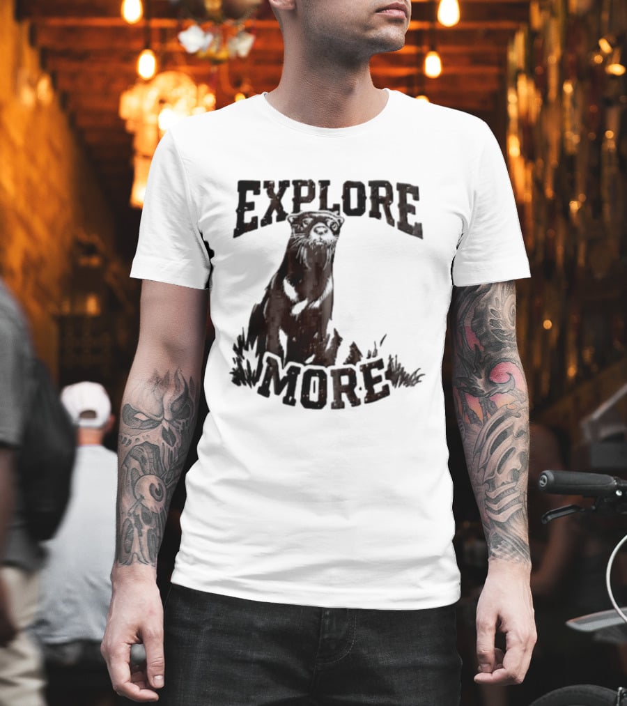 Explore More River Otter Tall Grass Distressed Woodcut Black White T-Shirt