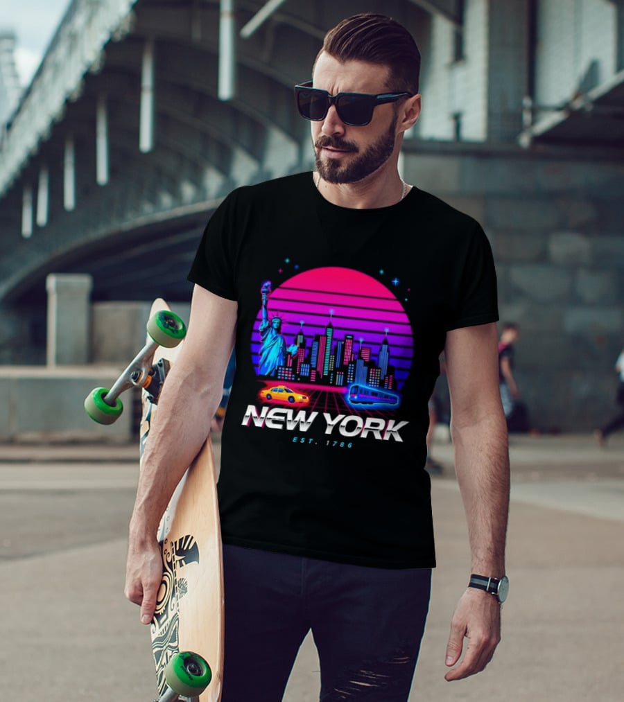 New York Est 1786 Cityscape Synthwave Statue Of Liberty Neon Skyline Retro Car T-Shirt