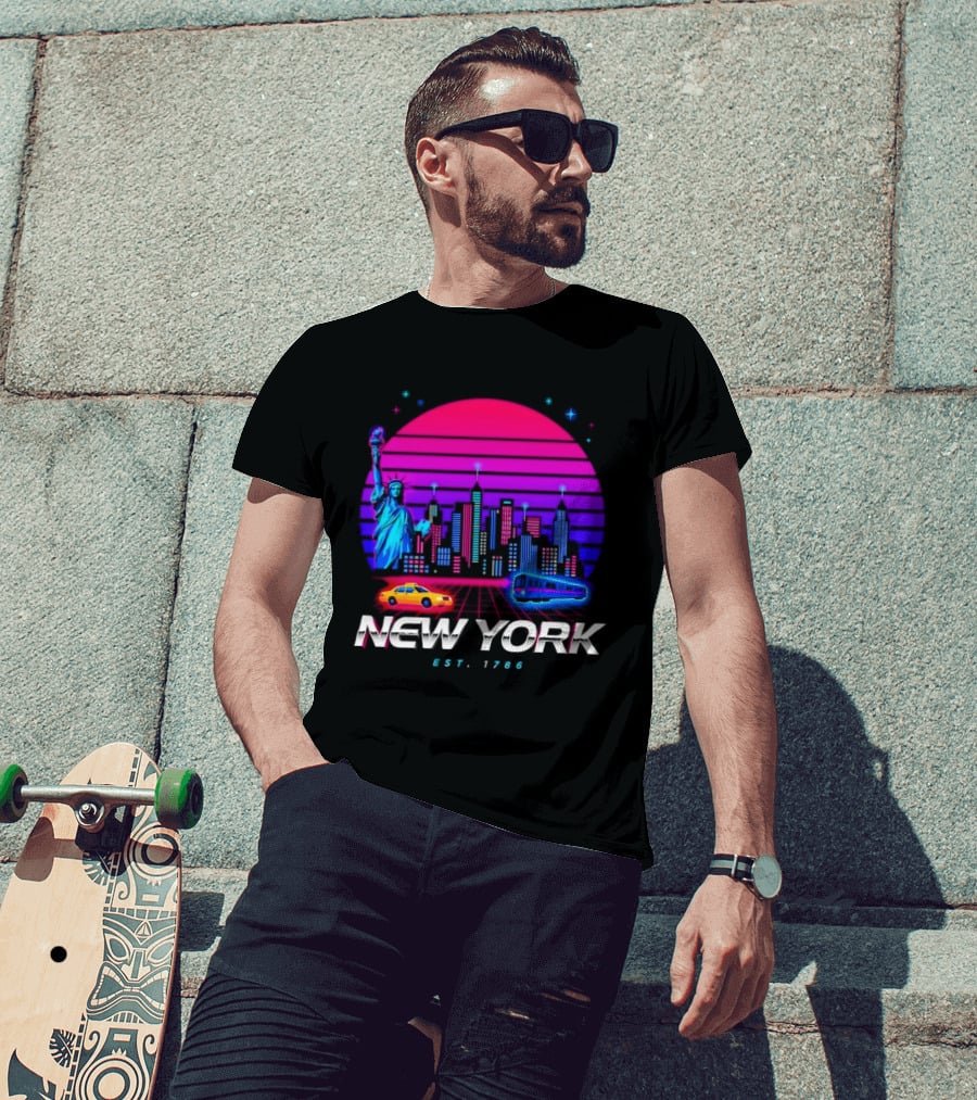 New York Est 1786 Cityscape Synthwave Statue Of Liberty Neon Skyline Retro Car T-Shirt