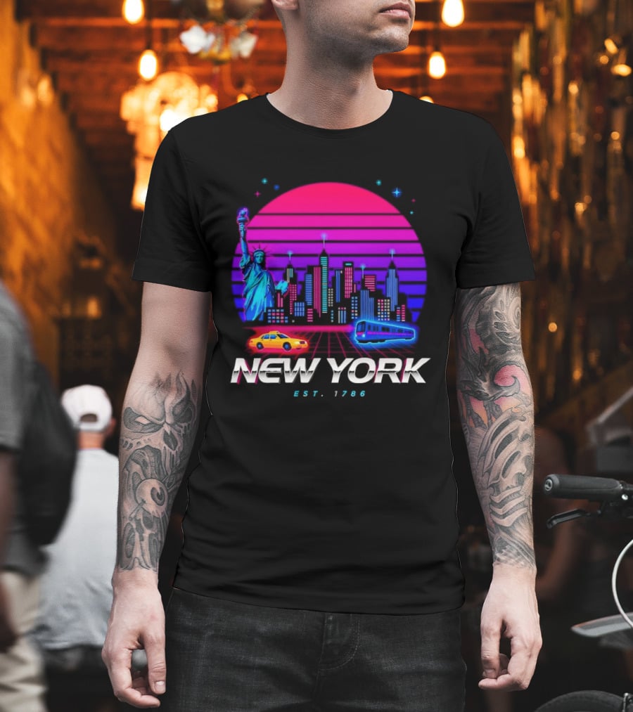 New York Est 1786 Cityscape Synthwave Statue Of Liberty Neon Skyline Retro Car T-Shirt