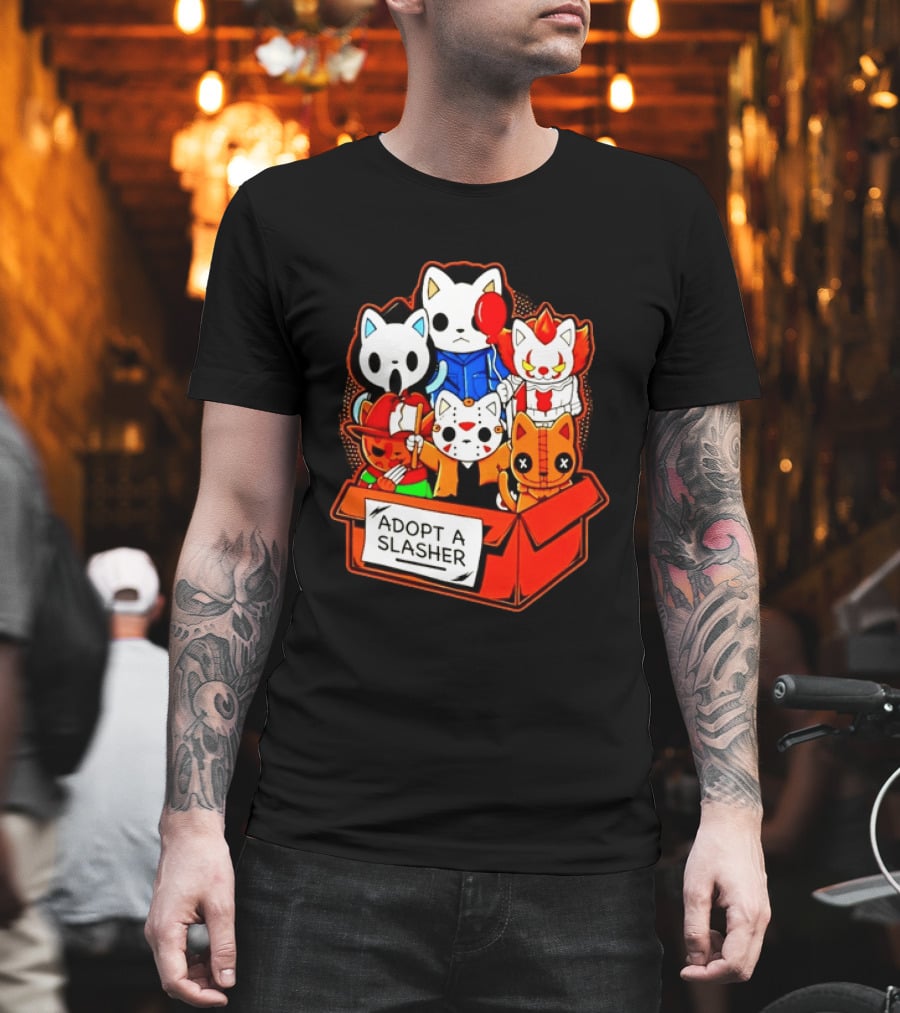 Adopt A Slasher Horror Movie Cat Characters Box Featuring Iconic Halloween Villains T-Shirt