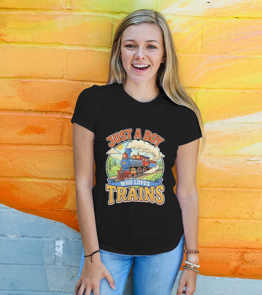 Just A Boy Who Loves Trains Colorful Locomotive Adventure T-Shirt