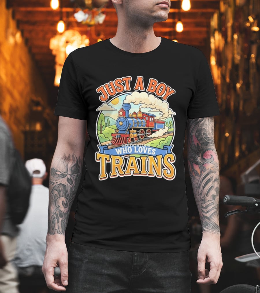 Just A Boy Who Loves Trains Colorful Locomotive Adventure T-Shirt