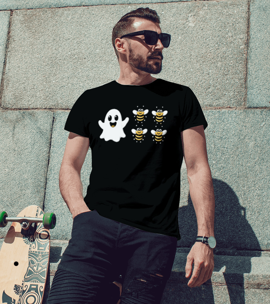Cartoon White Ghost And Waving Four Bumblebees Cute T-Shirt