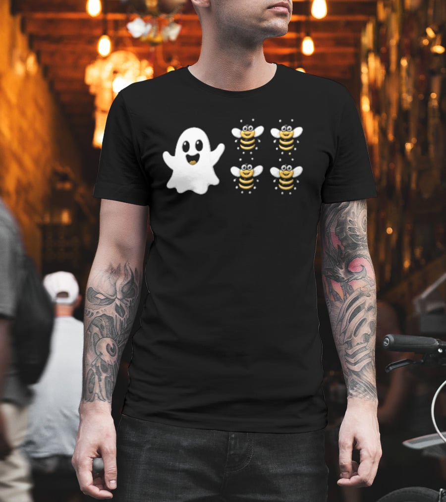Cartoon White Ghost And Waving Four Bumblebees Cute T-Shirt