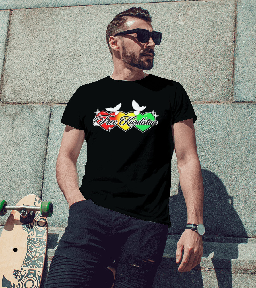 Free Kurdistan Red Yellow Green Hearts Doves T-Shirt