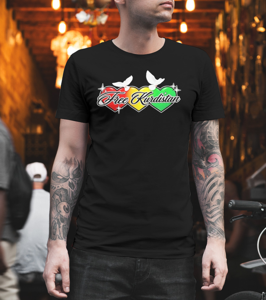 Free Kurdistan Red Yellow Green Hearts Doves T-Shirt
