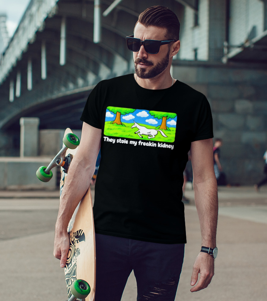 They Stole My Freakin Kidney Unicorn Cartoon Scene T-Shirt