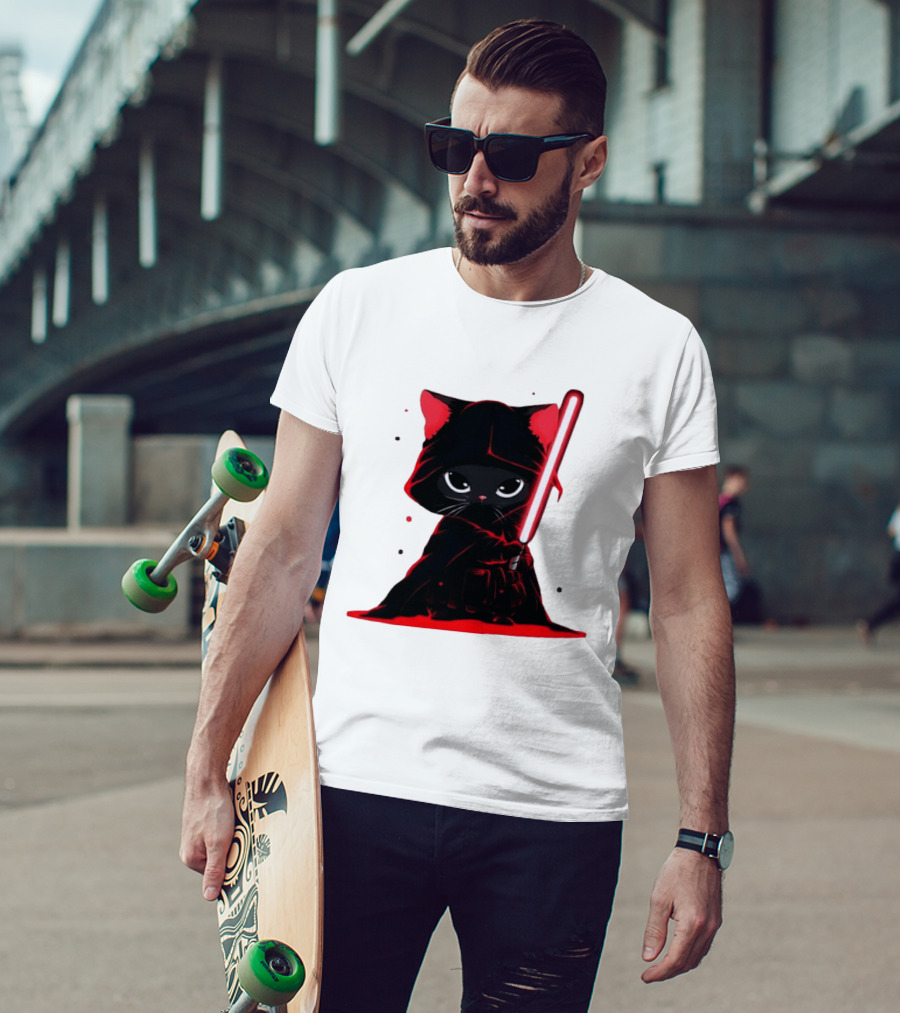 Black Cat Sith With Red Lightsaber Cloaked In Darkness T-Shirt